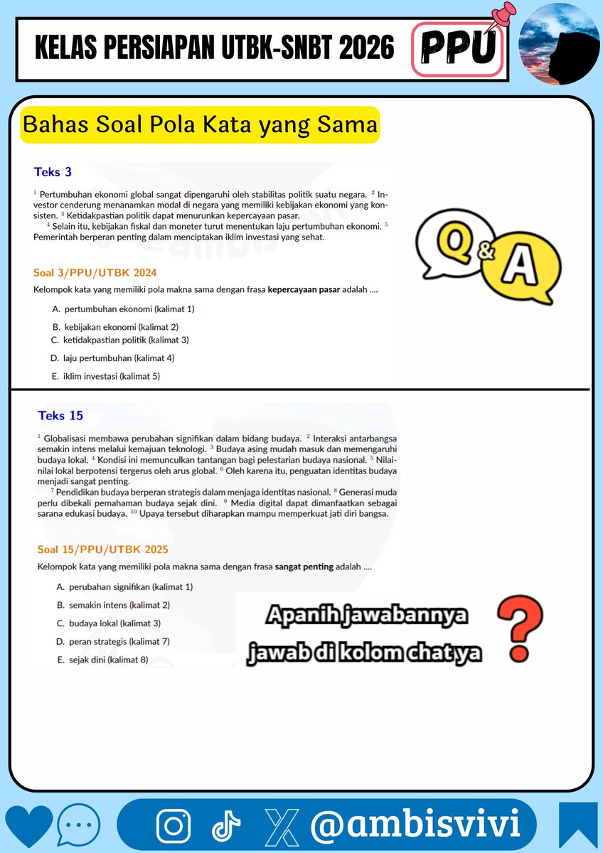 ambisvivi's tweet image. ⏰ Kupas Tuntas SNBT 2026 - bahas materi dan soal asli/fr SNBT 2023-2025

📚Subtes PPU
📍Materi: Pola Kata Sama