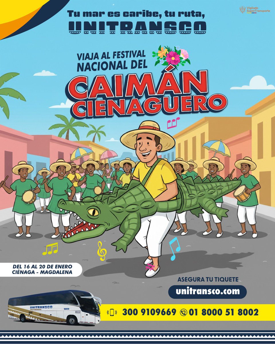 ¡Llegó la hora de programar tus viajes! 🚌 

#Unitransco te lleva a disfrutar de la cultura del #Caribe 💛💙 en el Festival Nacional del Caimán Cienaguero. 

Compra tus pasajes llamando desde celular 📲 a nuestra nueva línea 300 910 9669; en la página web 👩🏻