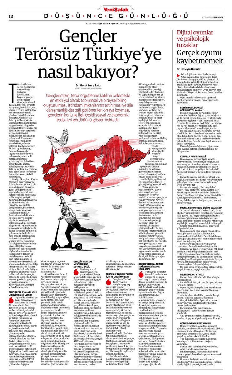 Yenişafak Düşünce Günlüğü’nde gençlerin siyasal yaklaşımları bağlamında Terörsüz Türkiye sürecini değerlendirdik. 

Geleceğe dönük her politika ve projenin asli unsuru olan gençlerin Türkiye’nin her meselesinde olduğu gibi Terörsüz Türkiye sürecinde de gerçekçi ve isabetli