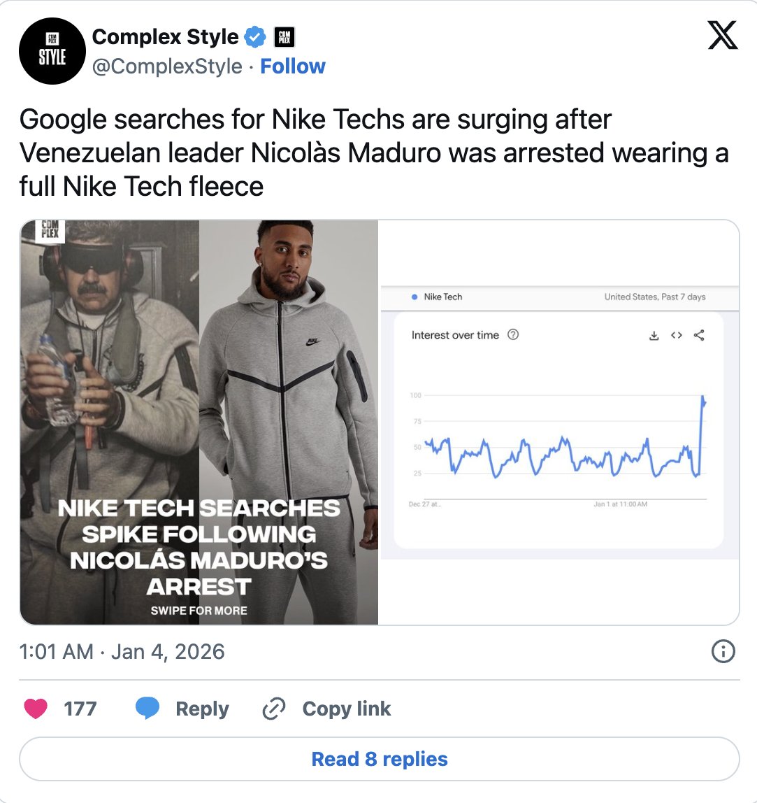 Nexory_io's tweet image. 🔥 Maduro in Nike Tech Fleece just broke the internet!

🤔 Do you think Nike will finally respond? 

Make your prediction!  👉🏻 shorturl.at/IGxMo 

#Nike #MaduroFit #TechFleece #Nexory #predictions