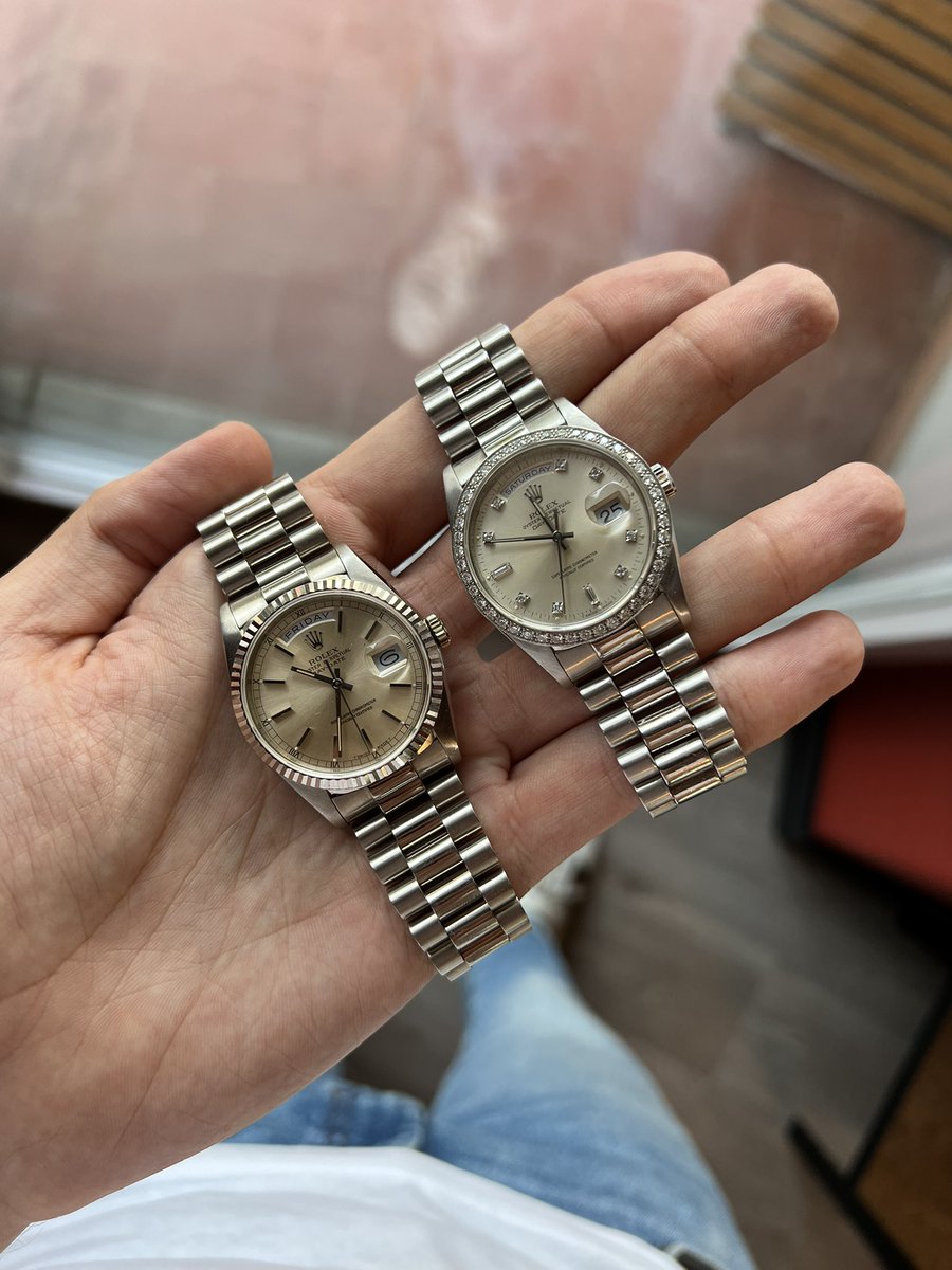 rektonomist_'s tweet image. Gm! Help me decide which to wear. Which one would you go for? 

White gold Rolex Day Date
Platinum Rolex Day Date with diamond hour indexes 

Pick your poison.