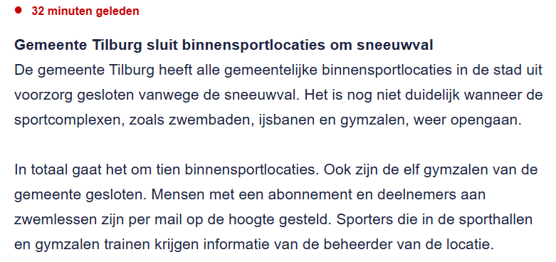 j03_rB's tweet photo. Bizar nieuwsbericht eigenlijk. Dus omdat er elders een binnensport locatie ingestort is, moeten anderen ook sluiten? En industriële hallen die potentieel ook op de limiet belast worden sluiten niet? Werken er geen constructeurs bij gem. Tilburg? #sneeuwval https://t.co/5HOI11T2L4