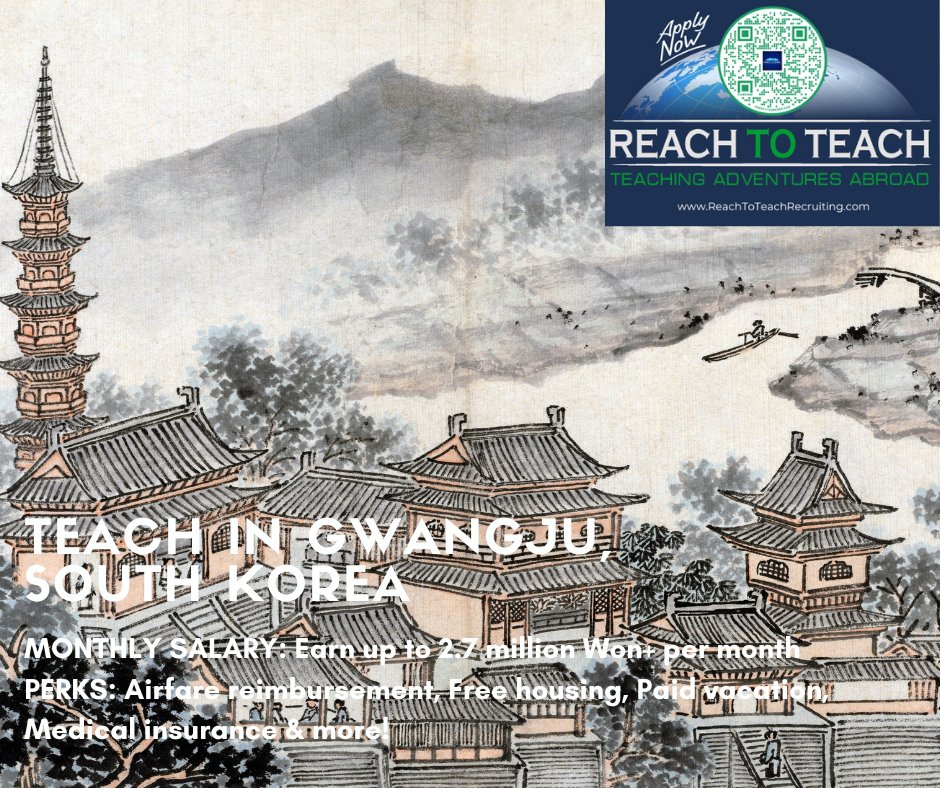#ReachToTeach is looking for teachers to #TeachAbroad in #Gwangju #SouthKorea this winter. Just four hours south of Seoul, #ESL teachers earn up to 2.7 million Won per month, FREE housing &amp; flights, paid vacation &amp; more. 
🔗
reachtoteachrecruiting.com/apply-now-to-t…