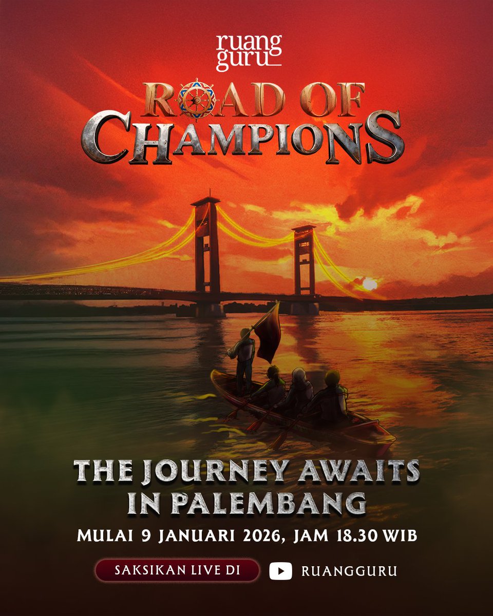 BESOK! ROAD OF CHAMPIONS PEKAN 4 - PALEMBANG AKAN TAYANG! 🗺️✨

Ready buat keseruannya selama di sana?! 🙌

Buruan set alarmmu dan saksikan di Jumat, 9 Januari 2026 mulai jam 18:30 WIB di YouTube Ruangguru! GRATIIISSS!!!

Etmin juga mau umumin kalau ada aktivitas yang dapat