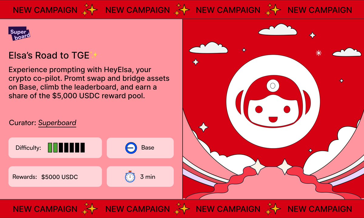Superboard_'s tweet image. 🏁 Elsians, @HeyElsaAI Road to TGE is LIVE!

Prompt bridges &amp;amp; swaps → climb the leaderboard → earn from $5000 USDC reward pool.

Backed by M31 Capital, Coinbase Ventures, MH Ventures, Absoluta Digital, 2Shares, and more!

🤖 IYKYK → superboard.xyz/campaigns/elsa…