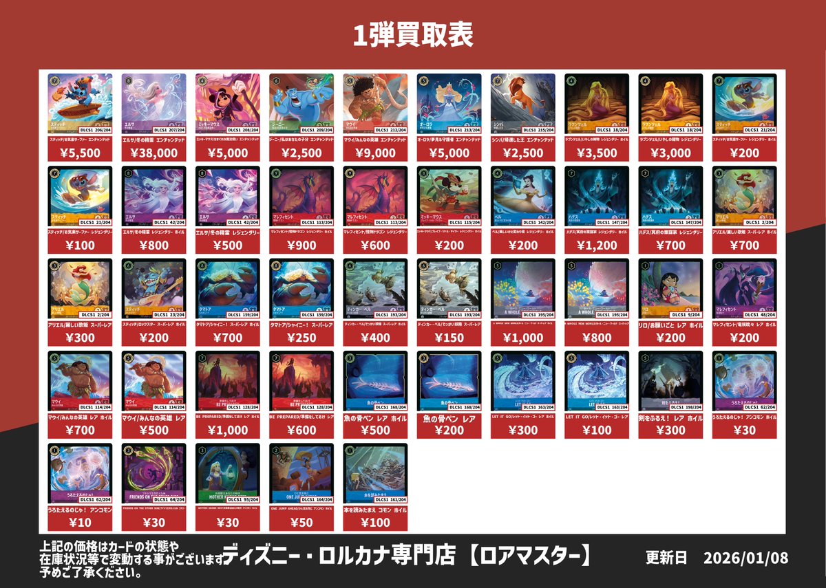 ディズニー・ロルカナ 1弾から4弾の買取表です✨ 本日おひとり様30枚