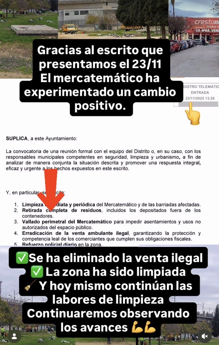 Gracias al escrito presentado al <a href="/Ayto_Sevilla/">Ayuntamiento de Sevilla</a> el 23 de noviembre, el Mercatemático empieza a mostrar cambios: fin de la venta ilegal, zona limpia y hoy continúan las labores de limpieza. Gracias <a href="/LipasamSevilla/">Lipasam</a>.  Seguiremos vigilantes hasta cumplir todos nuestros objetivos. 💪