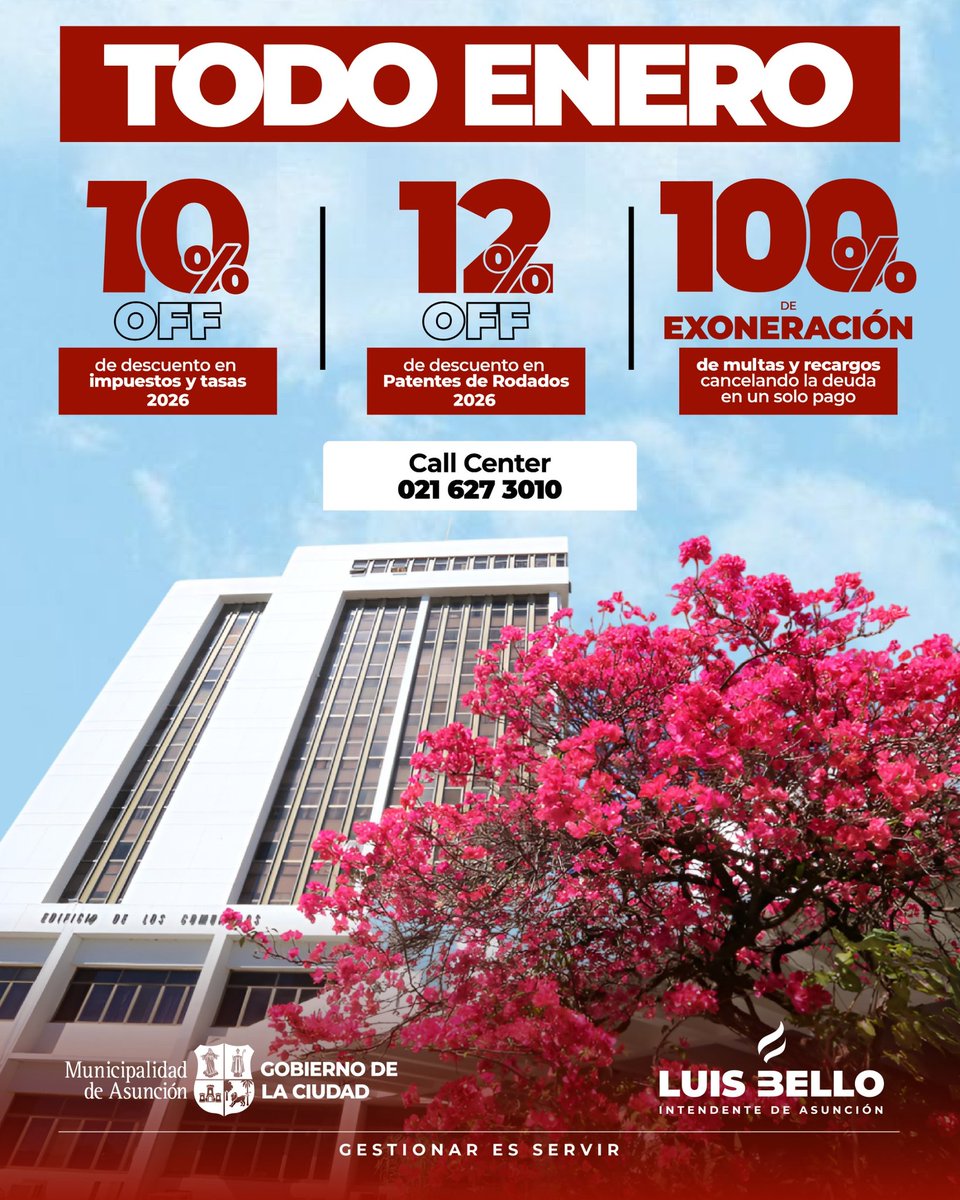 Enero con descuentos para vos

Durante todo este mes te brindamos beneficios y exoneraciones en el pago de impuestos, tasas y patentes. Es una forma de agradecerte por estar al día y por confiar en nuestra gestión.
Tu aporte vuelve en obras y servicios para la ciudad. Aprovechá