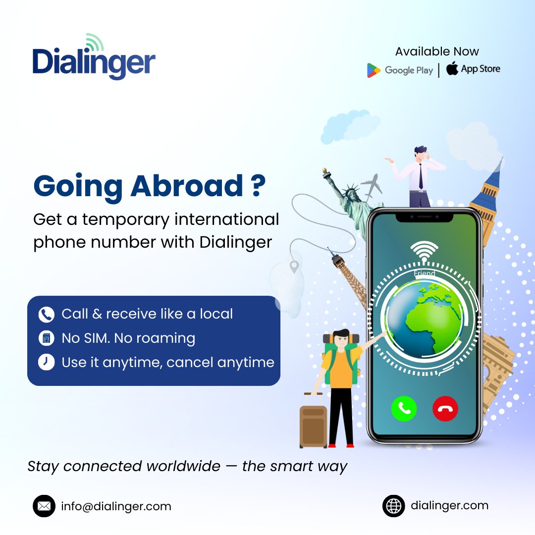 dialinger_'s tweet image. 𝐘𝐨𝐮𝐫 𝐠𝐥𝐨𝐛𝐚𝐥 𝐧𝐮𝐦𝐛𝐞𝐫, 𝐰𝐡𝐞𝐫𝐞𝐯𝐞𝐫 𝐲𝐨𝐮 𝐠𝐨
Dialinger makes international calling simple and affordable. 

Download now on Google Play &amp;amp; App Store. 
dialinger.com
info@dialinger.com

dialinger.com/blog/temporary…
#Dialinger #VoIPCalling #GlobalSales #usa