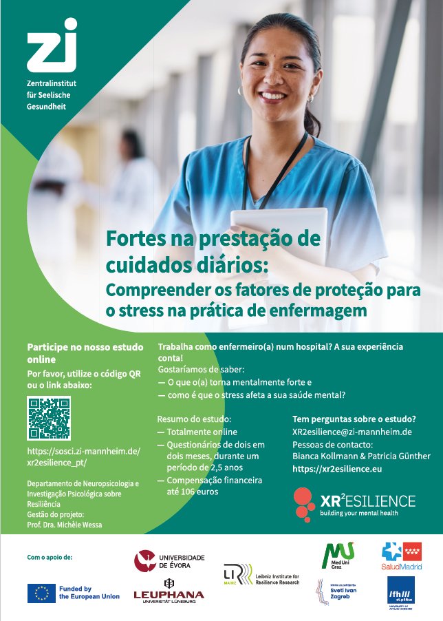 Projeto Europeu XR2ESILIENCE
Estão abertas as inscrições para o estudo longitudinal XR2ESILIENCE. 
Se é enfermeiro(a) e trabalha em contexto hospitalar, participe no nosso estudo e faça parte deste projeto europeu!
Saiba mais e participe:  sosci.zi-mannheim.de/xr2esilience_p…

#XR2ESILIENCE