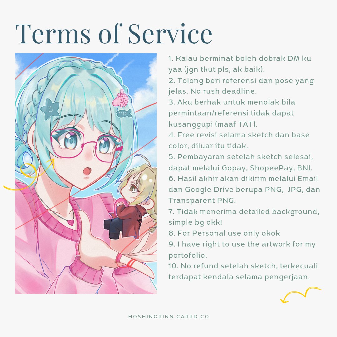 [RTs are appreciated!🩵]

Hello! I decided to opening art commission on X for the 1st time! Please check the catalogue and ToS on the pict (*・ω・*)b♪

Open for 2 slots.
More information can be seen in hoshinorinn.carrd.co or knock my DM Thank u! 🦭✨

#opencommission #artidn