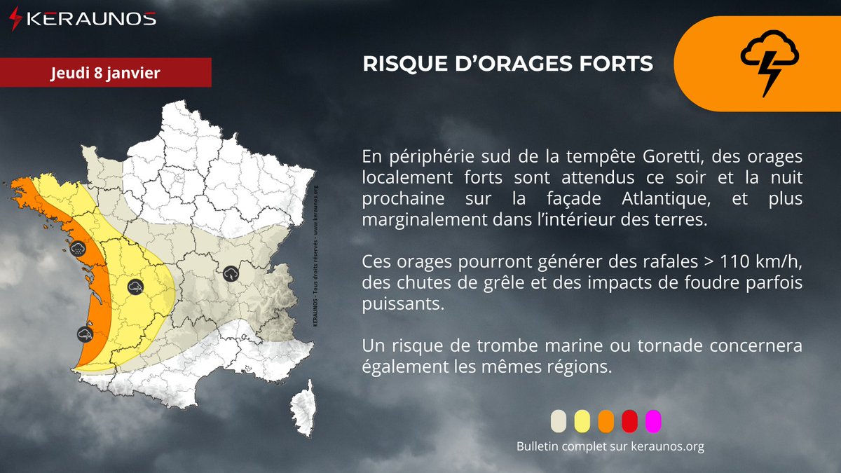 ⛈️Des orages parfois forts et très venteux sont attendus ce soir et la nuit prochaine dans l'ouest du pays, en périphérie de la tempête Goretti. Risque de rafales > 110 km/h, grêle et phénomènes tourbillonnaires isolés.
➡️bulletin complet : keraunos.org/previsions/pre…