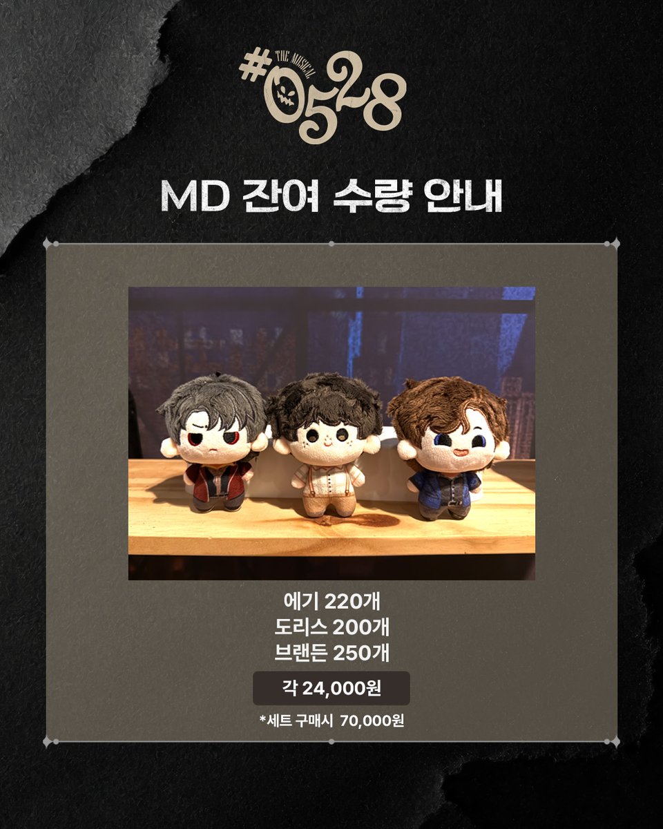 FOCUSTAGE_kr's tweet image. [#0528]
🅞🅗, 🅜🅨 🅖🅗🅞🅢🅣!
😳👿👻 MD 잔여 수량 안내

✔에기 220개
✔도리스 200개
✔브랜든 250개

품절 시 재입고 예정 없습니다.
구매에 참고 부탁드립니다.

-
𝗠𝗨𝗦𝗜𝗖𝗔𝗟 #𝟬𝟱𝟮𝟴 🏠
링크아트센터드림 드림𝟭관
𝟮𝟬𝟮𝟱.𝟭𝟬.𝟮𝟮.-𝟮𝟬𝟮𝟲.𝟬𝟭.𝟭𝟭.