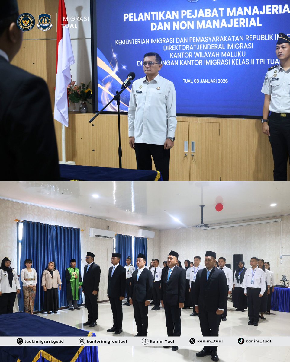 kanim_tual's tweet photo. Kantor Imigrasi Kelas II TPI Tual melaksanakan Pengambilan Sumpah dan Pelantikan Pejabat Manajerial dan Non Manajerial sebagai bagian dari penguatan organisasi dan kesinambungan kepemimpinan. https://t.co/JbAzkHh1DD