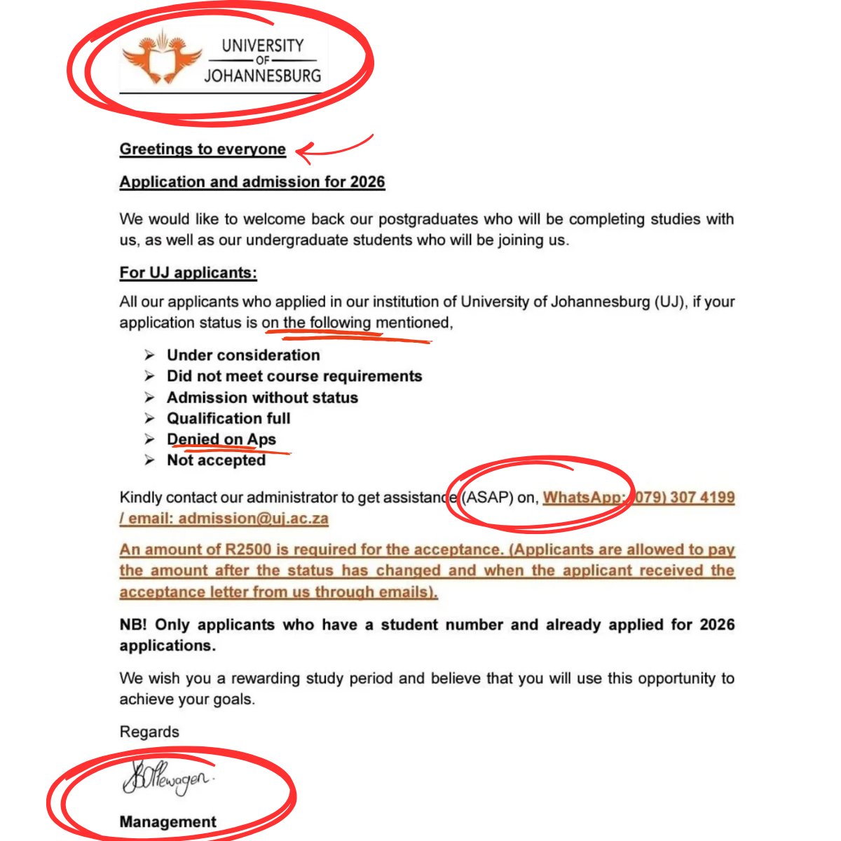 🚨 SCAM ALERT: Fake University of Johannesburg (UJ) Admission Message 🚨

Students and parents, please be aware of a fraudulent message currently circulating claiming to be from the University of Johannesburg regarding 2026 applications and admissions.

⚠️ Red flags to look out