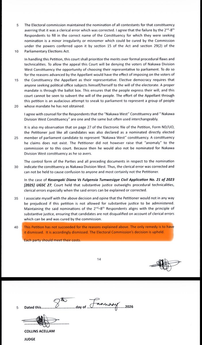 LiberationMo_Ug's tweet photo. The Nakawa Division West petition filed by candidate Ivan Bwowe has been dismissed.

Good luck to all the parties involved in the race as they use the next few days for vote hunting.
#BloodAndBallot
#AgoraDiscourse
#UgandaDecides2026 https://t.co/Rx7XYVQ3JH