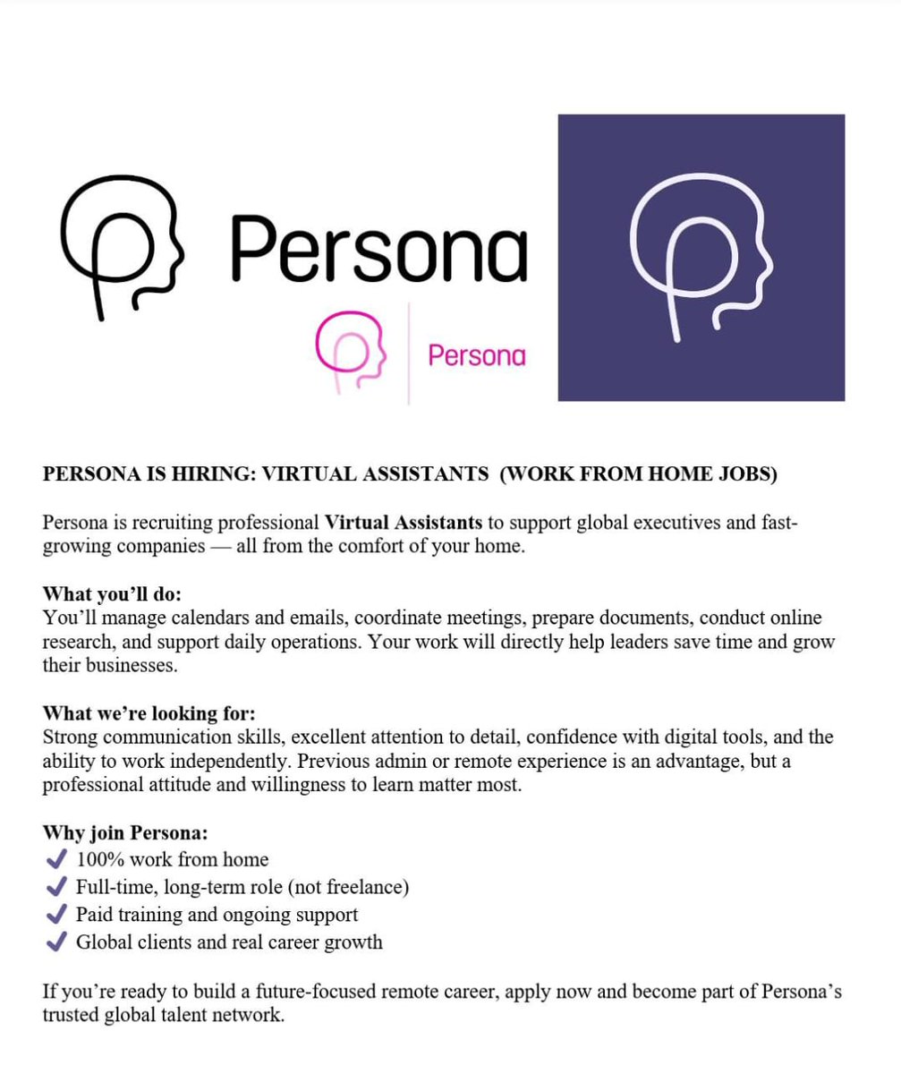 📌Persona Talent is urgently hiring!

📍Work From Home Job

✅Virtual Assistant 
x10 Posts

Salary: R15,000- R25,000 p/m

Minimum Requirements:
- Grade 12/ Matric only!
- Willingness to learn.
- Availability to work U.S business hours (Pacific, Central or Eastern Time zones)
-