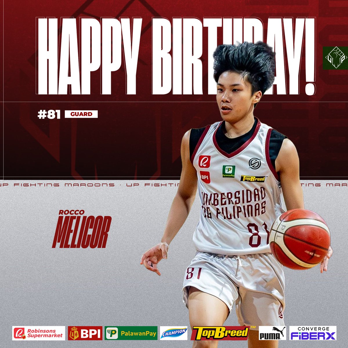 upmbt's tweet image. MR. HOMEGROWN ✊🏻

The UP Men's Basketball Team family would like to greet its up-and-coming homegrown guard Rocco Melicor a happy birthday! 

Light up the candles, Rocco! 🎂

#UPFight #nowheretogobutUP #SugodUP