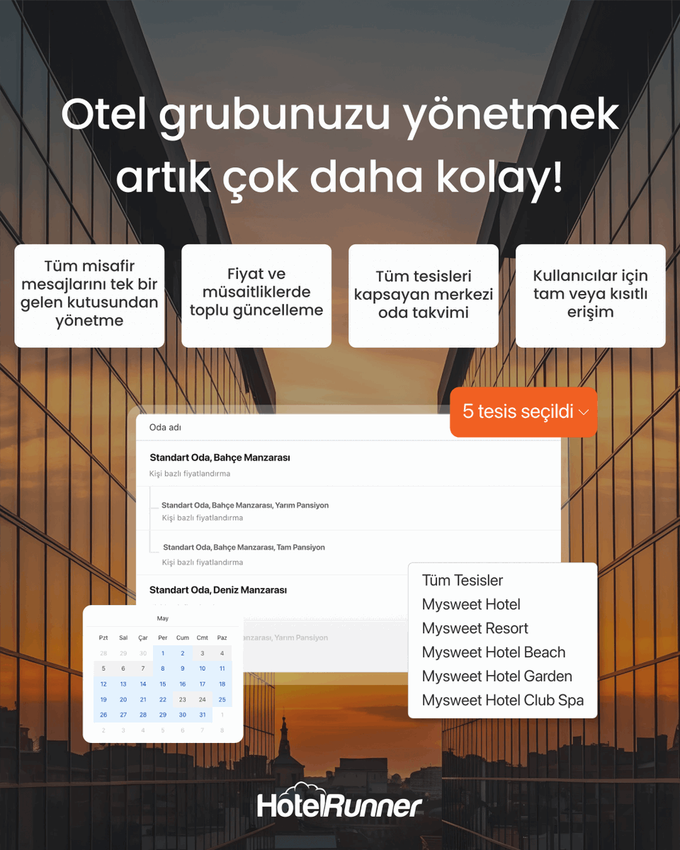 HotelRunner's tweet photo. Otel grubunuzu yönetmek artık çok daha kolay! Daha az karmaşa. Daha fazla netlik. Tüm kontrol sizde. https://t.co/c8Mg0sFPgL