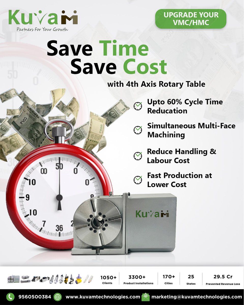 kuvamTechnology's tweet image. Save time. Save cost. ⏱️💰
Upgrade your VMC/HMC with Kuvam Technologies’ 4th Axis Rotary Table.
✔️ Up to 60% cycle time reduction
✔️ Multi-face machining
✔️ Lower labour &amp;amp; handling cost

Machine smarter. Produce faster.
#CNC #4thAxis #RotaryTable #VMC #HMC #KuvamTechnologies