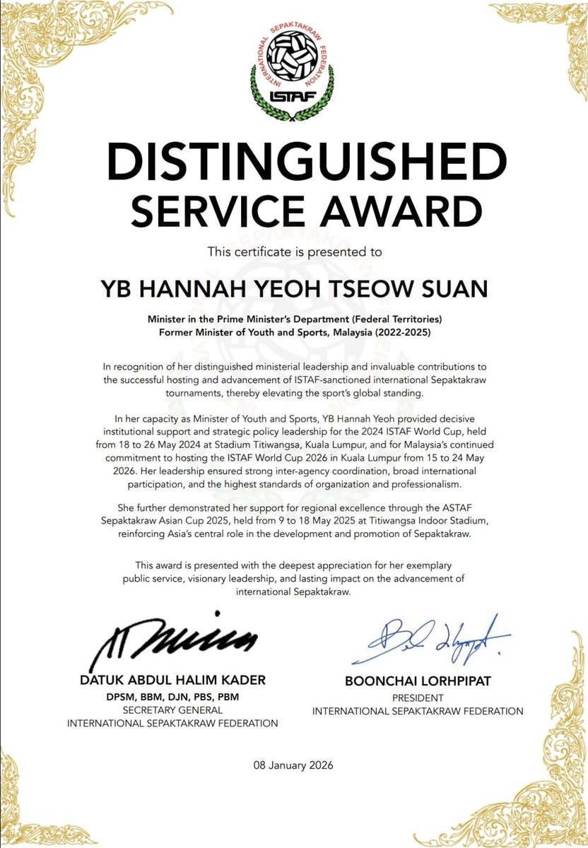 FadhirulS's tweet image. ISTAF mengiktiraf sumbangan bekas Menteri Belia &amp;amp; Sukan, YB Hannah Yeoh dalam mengangkat martabat sukan Sepak Takraw di Malaysia serta pentas antarabangsa 🇲🇾
@hannahyeoh

@ASTROARENA