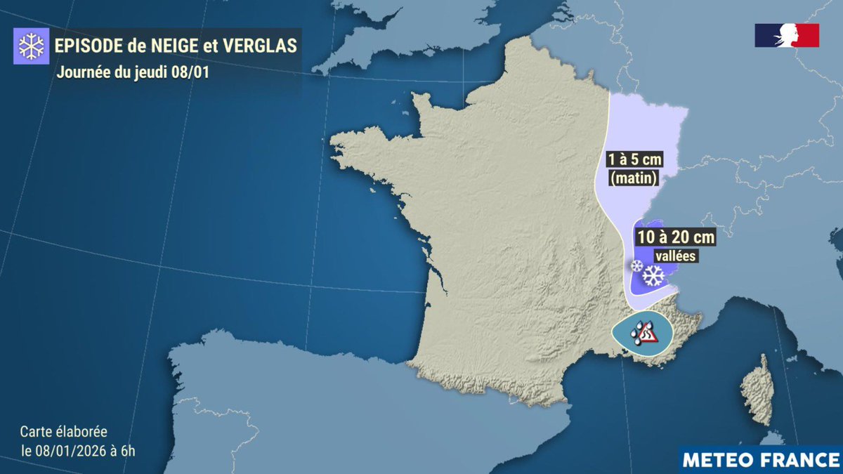 meteofrance's tweet image. 🟠Vigilance Orange Neige-Verglas 

Ce matin, pluies verglaçantes sur le Vaucluse. 

Faibles chutes de neige ou pluies verglaçantes entre Massif-Central et ouest Provence.

Chute de neige sur les Alpes du Nord, 10 à 20 cm en vallées intérieures savoyardes.

vigilance.meteofrance.fr