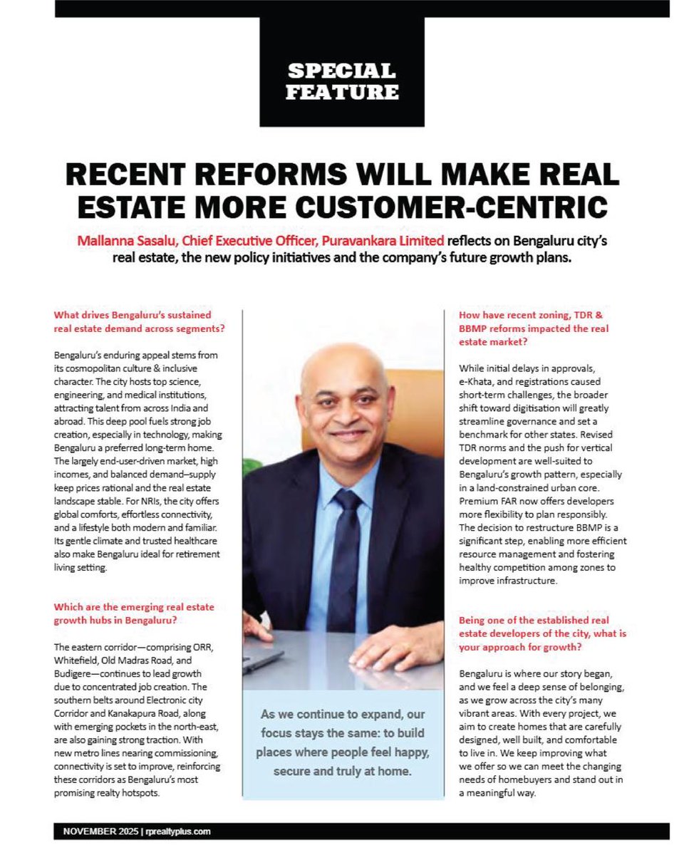 RPRealtyPlus's tweet image. “Recent reforms will make real estate more customer-centric”- Mallanna Sasalu, CEO, Puravankara Limited
👉 Read the full interview here:
rprealtyplus.com/magazine/novem…

#RealityPlus #NovemberIssue #BengaluruRealEstate #Puravankara #RealEstateReforms