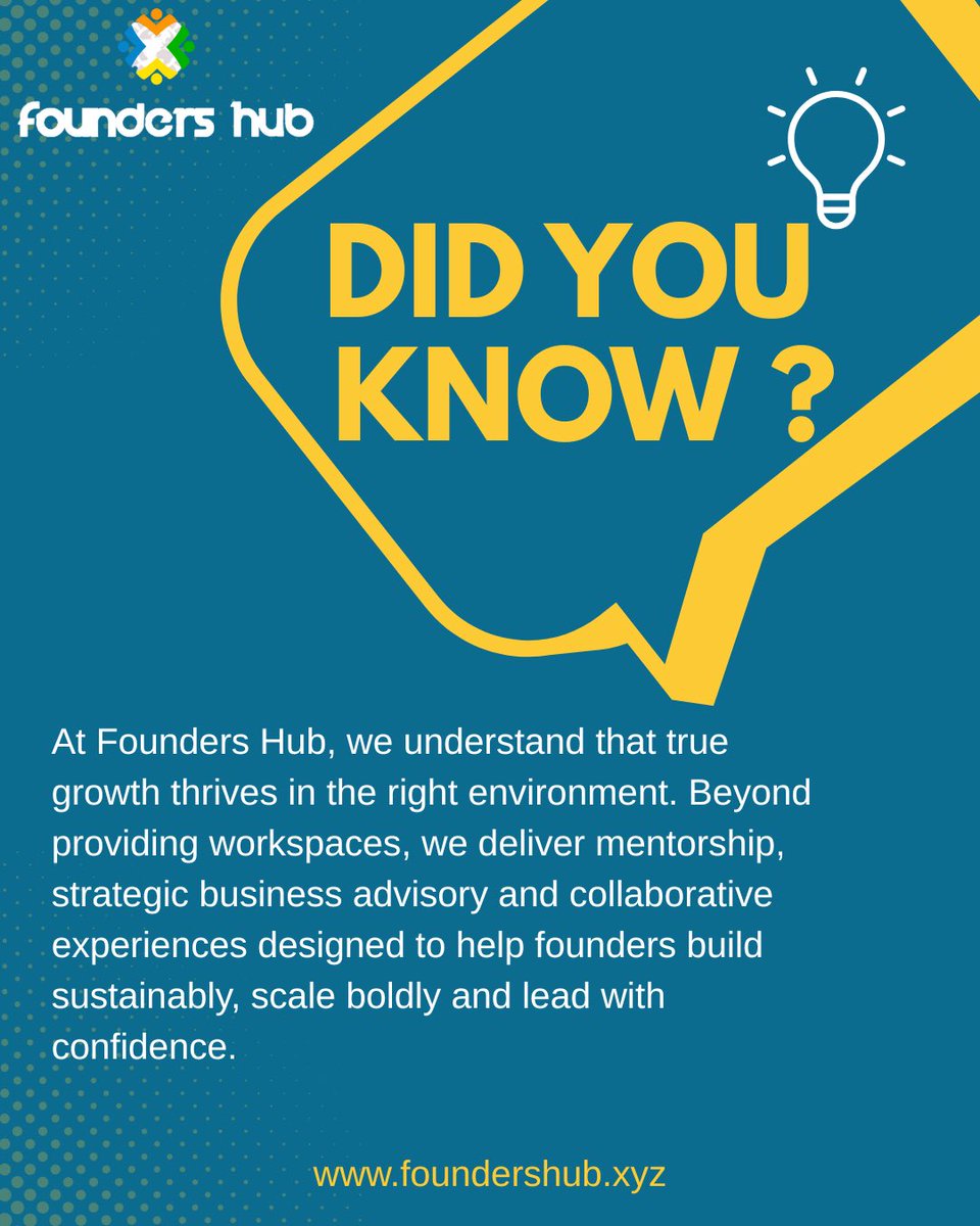 Did you know? 
We’re building more than startups at Founders Hub, we’re building confident leaders and sustainable businesses.

#didyouknow 
#foundershub 
#startupecosystem 
#businessgrowth 
#startupsupport 
#lagos 
#ilorin