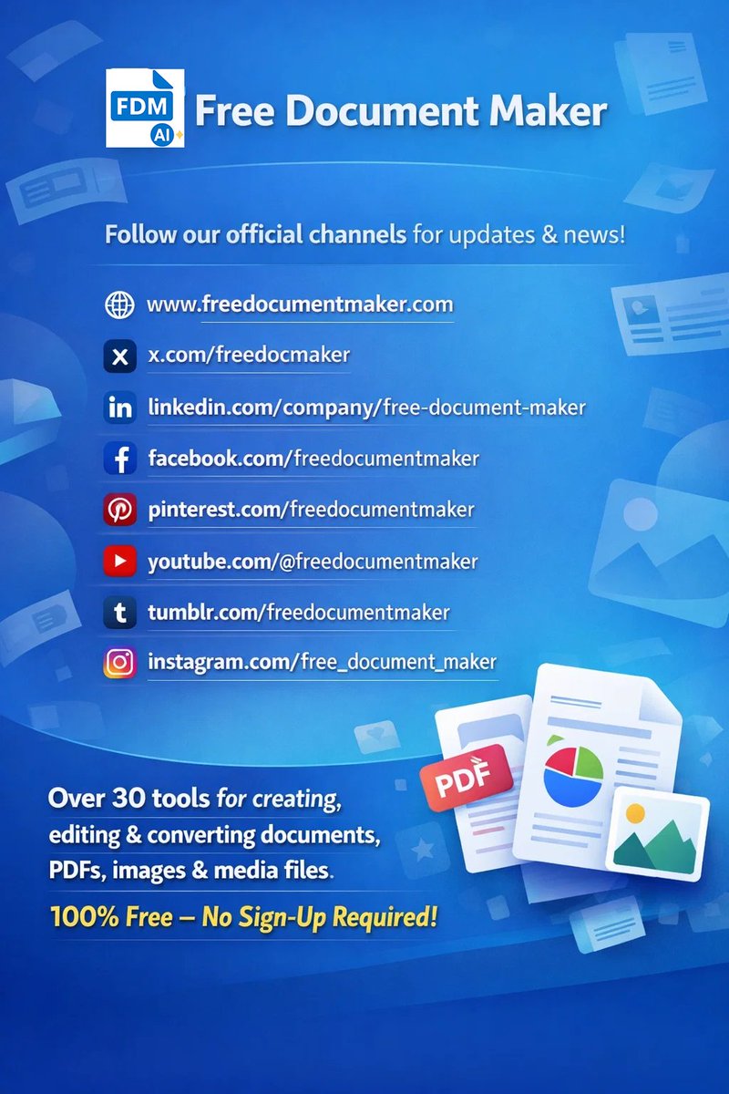 freedocmaker's tweet photo. Free Document Maker provides 30+ free online tools to create, edit, and convert documents, PDFs, images, and media files — no sign-up, no watermark.

Fast, simple, browser-based.
🔗 https://t.co/RVpfdJebAO
#FreeDocumentMaker #DocumentTools #FreeTools #PDFTools https://t.co/eKYZY0r6Mt