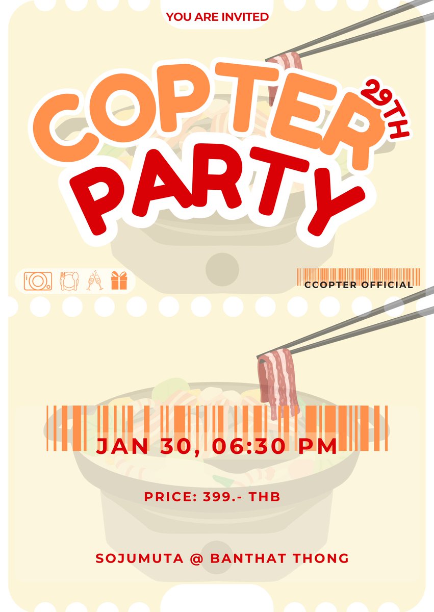 ccopterofficial's tweet image. ✨️ COPTER  29th Party Moo Krata 🥓🐷

📆 ศุกร์ที่ 30 ม.ค. 69 

🕰 18.30 น. เป็นต้นไป

📍 @โซจูหมูทะ (Sojumuta)

🏷 ค่าใช้จ่ายแรกเข้า 399.- ต่อคน 

⚠️‼️ โปรดอ่านรายละเอียดในแบบฟอร์มให้ครบถ้วนนะคะ

🔶️ หากมีข้อสงสัยสอบถามที่ DM ค่ะ

➡️ forms.gle/AT2cJYWhAQUrW7…

#COPTERPANUWAT