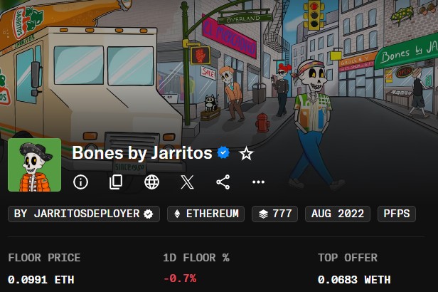 PositionedEarly's tweet image. Bones by Jarritos NFTs floor SMASHED to 0.1 $ETH, first since mint.

Alpha chads: Ape in on these OG Mexican soda skeletons.

Buy one, slide into Discord, enter Thirsty Thursday weekly for a FREE CASE of @Jarritos flavor of your choice. 

Normies sleeping, legends loading. Who's…