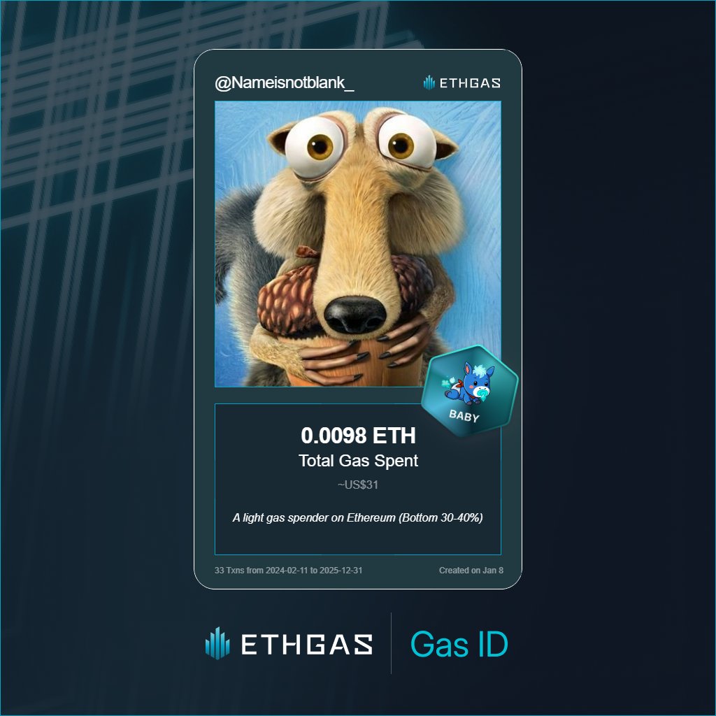 Leveled up in the Great Gas Reckoning with ETHGas! 💪

Baby Jack status: 0.0098 ETH gas spent, 2 Beans earned—supporting the Gasless Future!

Claim your Gas ID at ethgas.com/community/gas-…