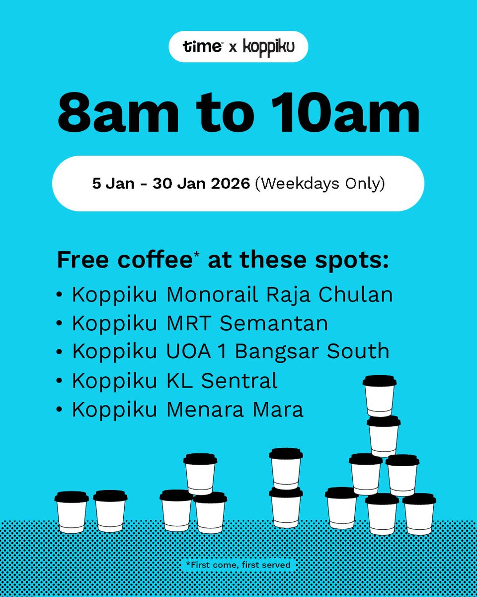 Free coffee? Yup, really ☕️
No catch, no pressure, no need to be a Time customer.
Just come early, first come first served (until stocks last) 🤩
Life’s #SmootherWithTime #TimeJustWorks