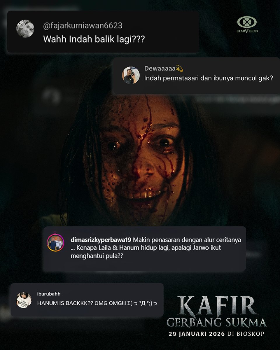 Starvisionplus's tweet photo. Dendam belum tuntas! Hal gila apa lagi yang akan dilakukan oleh Hanum @IndahpermataS_  kali ini? 🫣

Cari tahu jawabannya di film 𝐊𝐀𝐅𝐈𝐑, 𝐆𝐞𝐫𝐛𝐚𝐧𝐠 𝐒𝐮𝐤𝐦𝐚, tayang 29 Januari 2026 di Bioskop.

#KafirGerbangSukma #FilmKafirGerbangSukma #FilmKafir https://t.co/LbgJFKck0W
