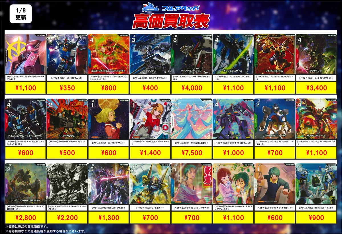 💥価格更新情報💥】 ガンダムカード買取表を更新いたしました！！ 今回
