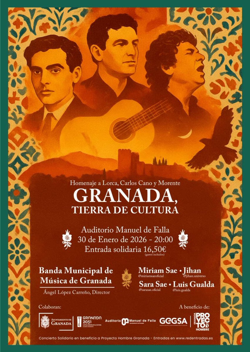 ❤️💚🎼 Granada, Tierra de Cultura
Concierto solidario en homenaje a Lorca, Carlos Cano y Morente.
👉 Entradas: redentradas.com/?entradas=conc…
A beneficio de Proyecto Hombre Granada.