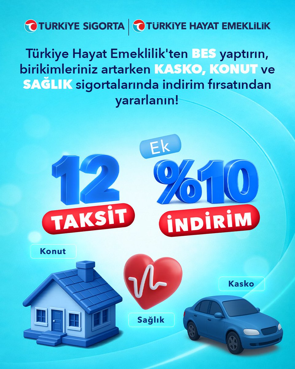 Türkiye Hayat Emeklilik’ten 1 Ocak-30 Haziran 2026 tarihleri arasında 2.500 TL ve üzeri aylık katkı payı ödemesiyle başlatılan yeni BES sözleşmelerine; Türkiye Sigorta’dan kasko, konut ve sağlık sigortalarında peşin fiyatına 12 taksit ve ek %10 indirim avantajı!

Siz de