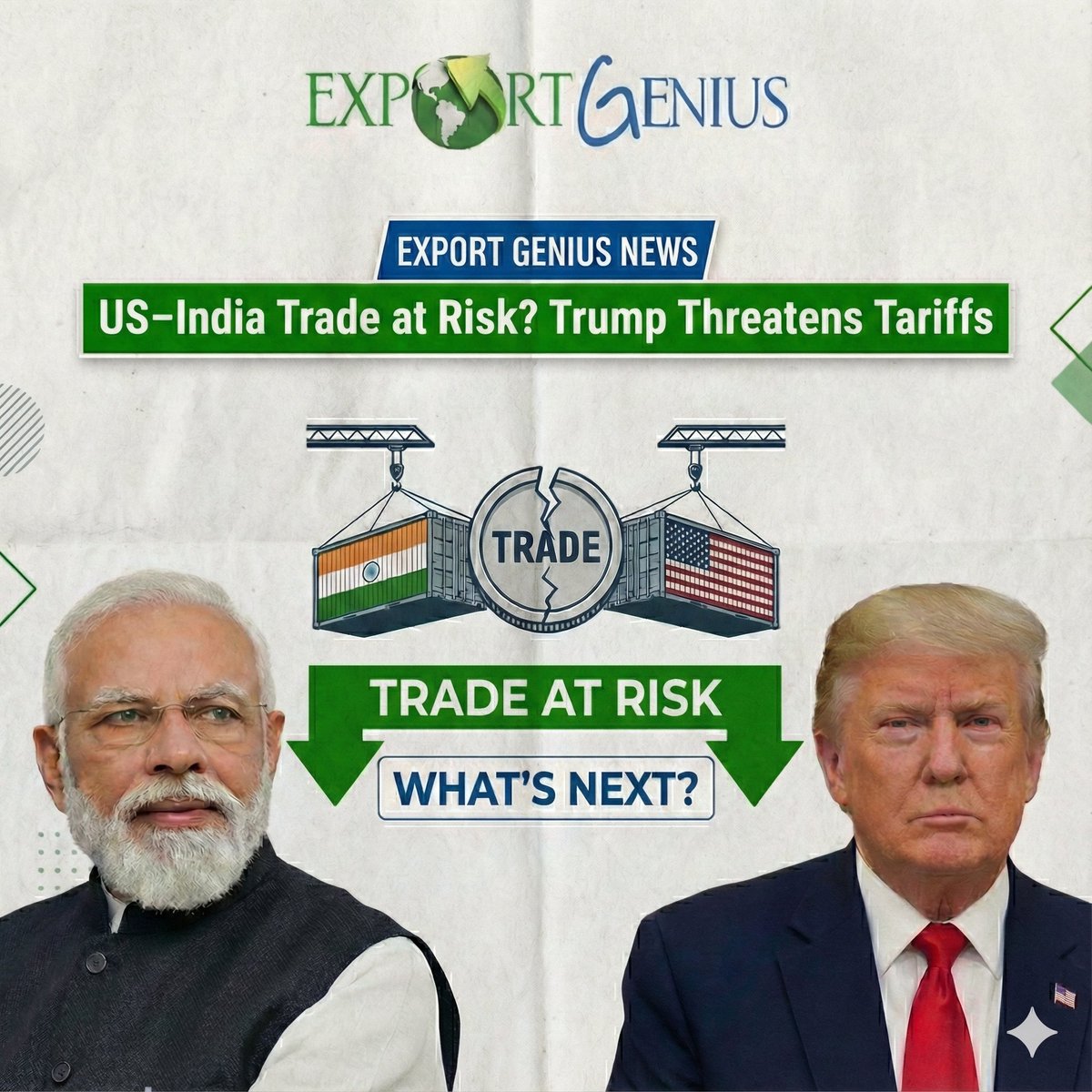 ExportGenius's tweet photo. 🚨 Trade Alert
Trump signals faster US tariffs on India, linked to Russian oil imports.

Risk for Indian exporters:
• Margin pressure
• Order shifts
• Buyer diversification

Tariffs move fast.
 Data helps you move faster.
#IndiaUS #Tariffs #GlobalTrade #ExportGenius https://t.co/7pE8a5MTzr