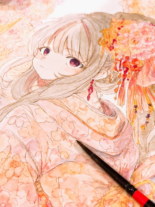 wip 色の重なりと空気感を壊さないように、いつもより慎重に進めてます。 #イラスト #透明水彩 #アナログ絵