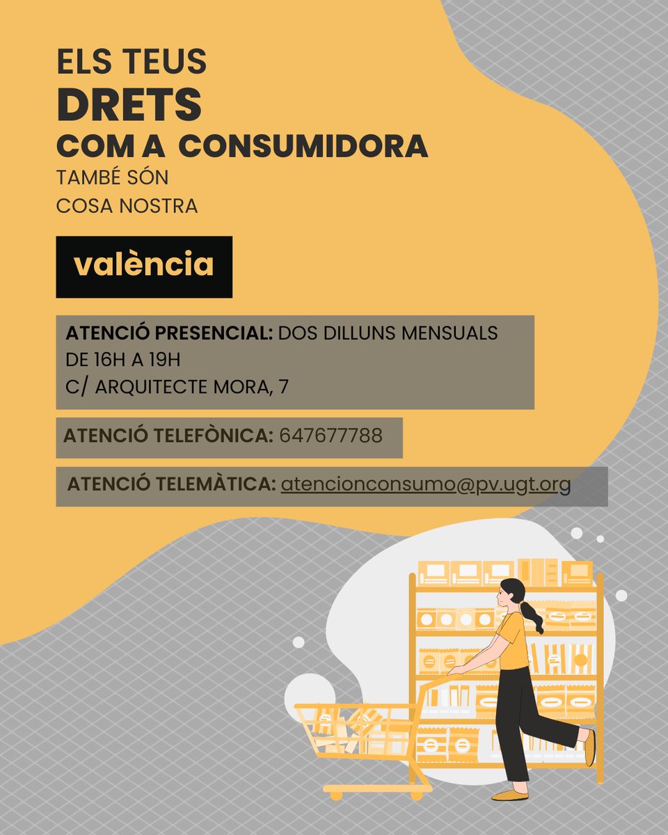 UGTPV's tweet photo. 🛒 En 2026 reafirmem el nostre compromís amb els drets dels consumidors i consumidores. 

❗Si estàs afiliat o afiliada a #UGTPV podràs gaudir d'este servei que proporciona la Unió de Consumidors @ucvalencia de manera totalment gratuïta.

➕INFO  https://t.co/H0zca6Le8i https://t.co/TDjchu2yVZ
