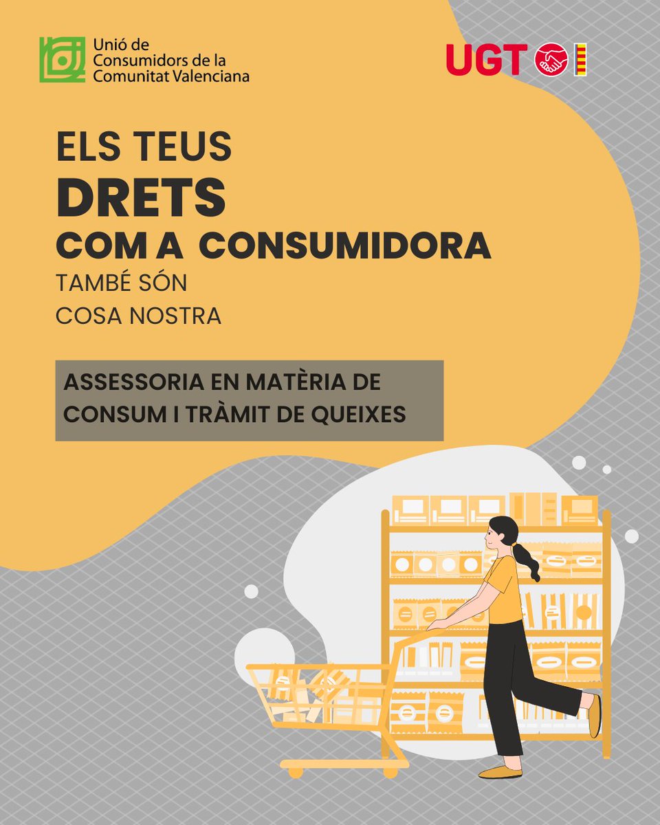 UGTPV's tweet photo. 🛒 En 2026 reafirmem el nostre compromís amb els drets dels consumidors i consumidores. 

❗Si estàs afiliat o afiliada a #UGTPV podràs gaudir d'este servei que proporciona la Unió de Consumidors @ucvalencia de manera totalment gratuïta.

➕INFO  https://t.co/H0zca6Le8i https://t.co/TDjchu2yVZ