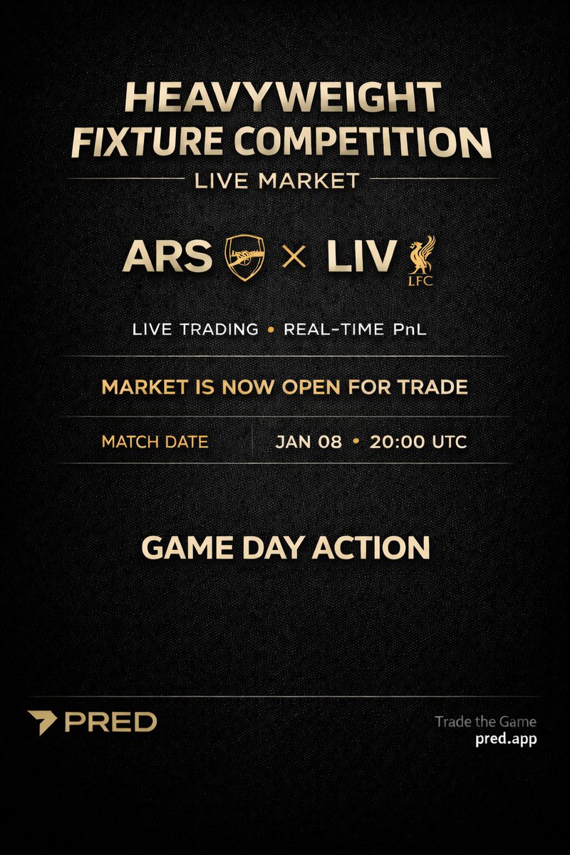 GetPredApp's tweet image. Have you placed your trade yet?

🥊 The Heavyweight Fixture Competition market is open for trading.

This is a super high-energy competition with one match, one market, one shot.

ARS vs LIV is your only battleground.
🔴 Match live Jan 8 • 20:00 UTC

Climb the leaderboard and…