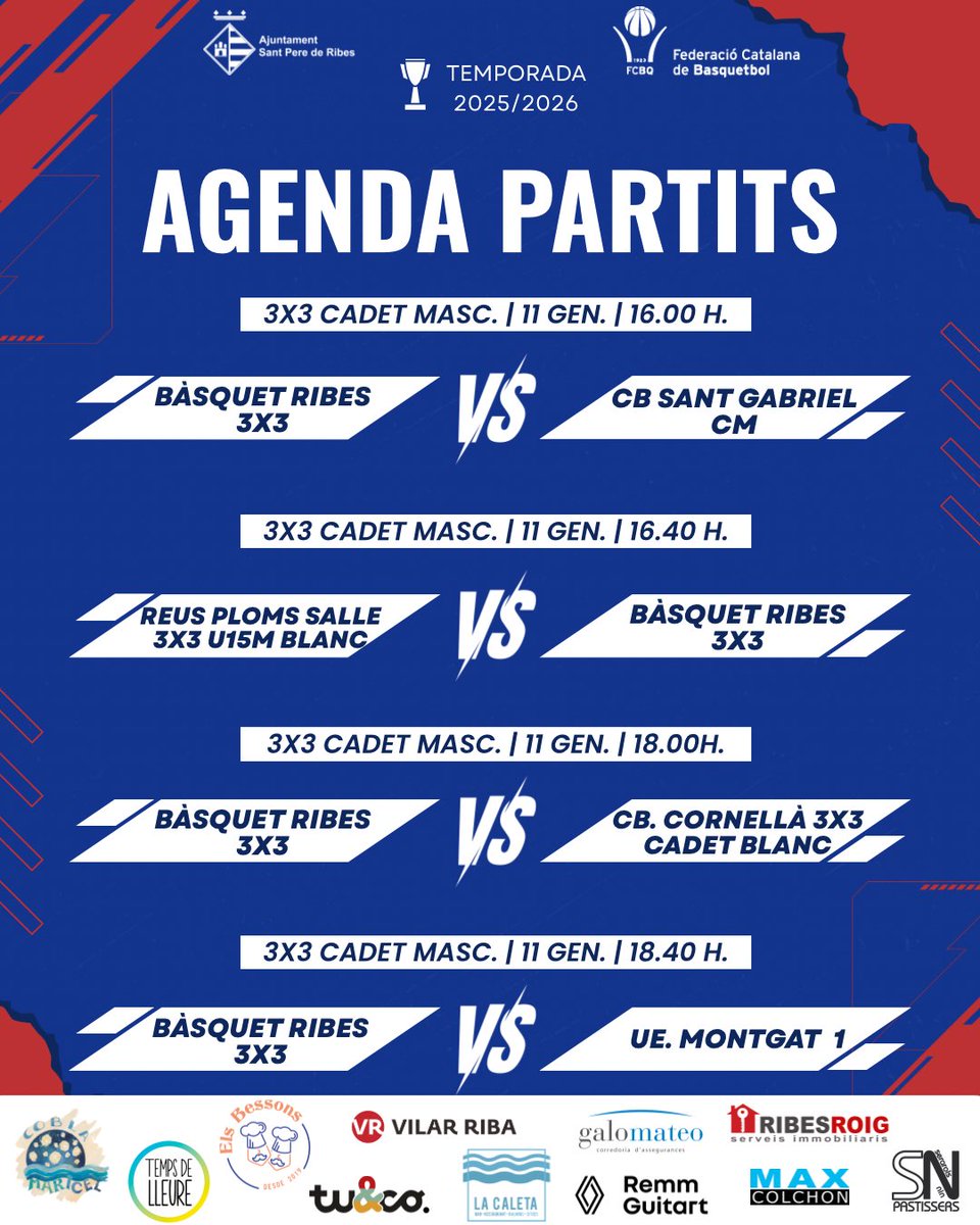 📅 Agenda de partits d'aquest cap de setmana.
#basquetribes #adnribes #spribes #esportribeta
<a href="/santperederibes/">Sant Pere de Ribes</a> <a href="/REMMGUITART/">Renault REMM GUITART</a> <a href="/tuandco_/">Tuandco</a> <a href="/VilarRiba/">Vilar Riba</a> <a href="/Maxcolchon/">Maxcolchon</a> <a href="/Ribesroig/">RibesRoig</a> <a href="/TempsdeLleure1/">Temps de Lleure</a> <a href="/cb_vilaseca/">C.B. Vila-seca</a> <a href="/CBValls/">Club Bàsquet Valls</a> <a href="/BasketEsplugues/">Basket Esplugues</a> <a href="/BSGR1962/">BSGRipollet</a> <a href="/plomssallereus/">Bàsquet Ploms Salle Reus</a> <a href="/BasquetCornella/">CB Cornellà</a> <a href="/uemontgat/">Unió Esportiva Montgat</a>