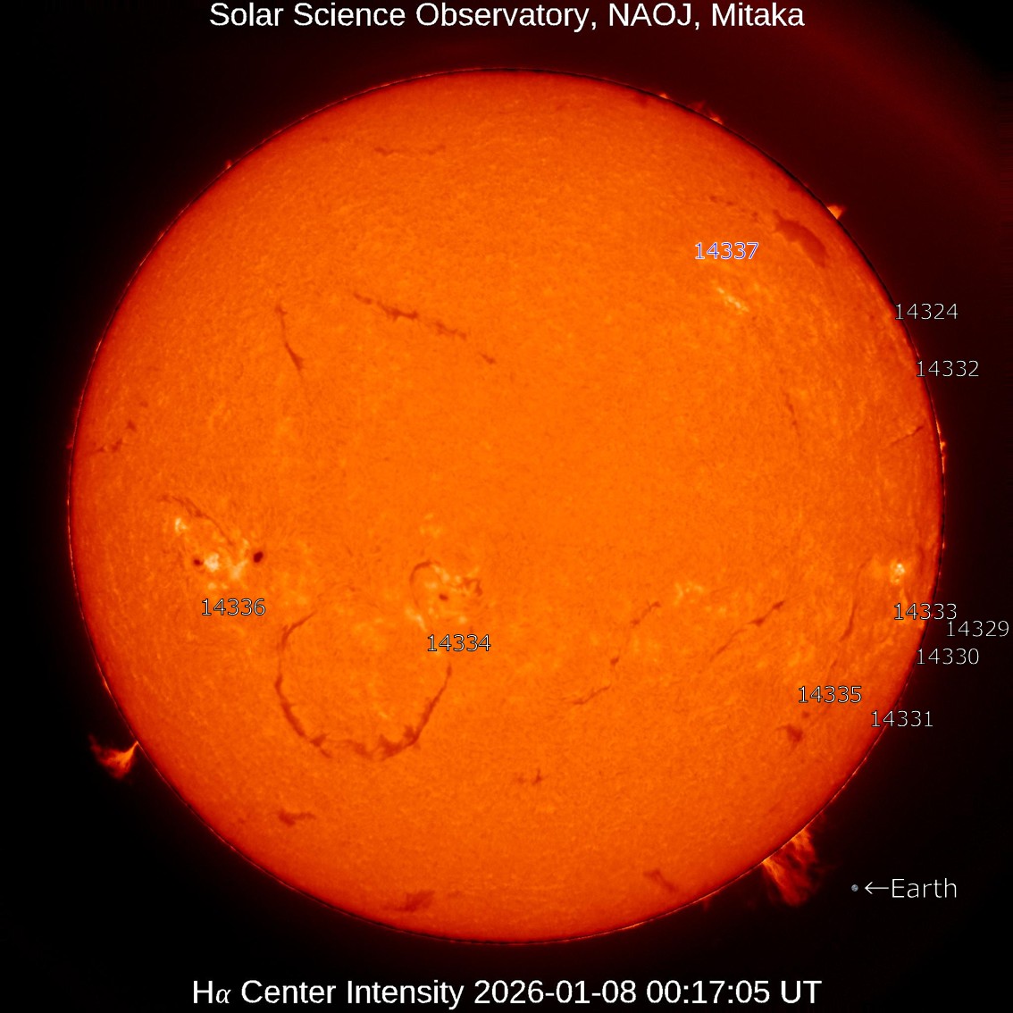 本日の太陽】2026-1-8のHα線全面像 活動領域14337が新たに出現しました