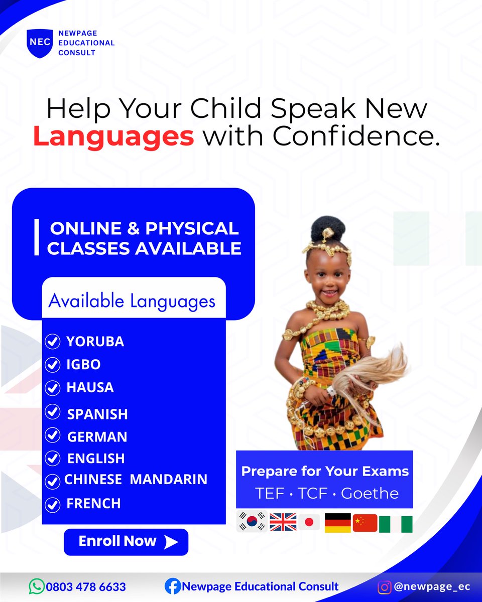 heed1's tweet image. Give your child the power to connect globally. Get a language tutor from Newpage Educational Consult today.
