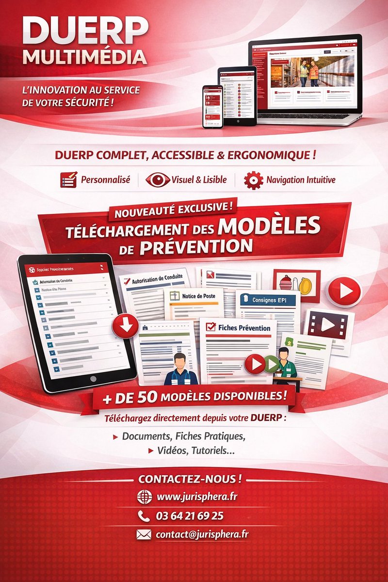 🔴 Découvrez le DUERP Multimédia by Jurisphera !

Simplifiez la gestion de vos documents de prévention avec notre solution accessible, complète et personnalisée.

 Avec le DUERP Multimédia, vous pouvez télécharger directement plus de 50 modèles de prévention.