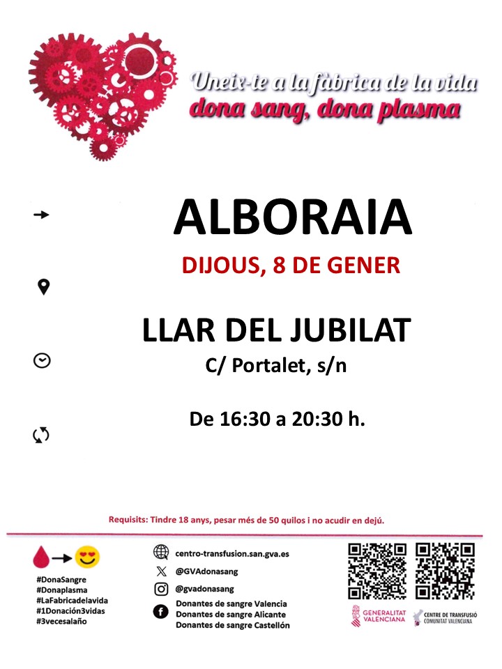 GVAdonasang's tweet photo. Dona sang a #Alboraia
📅dijous #8gener
Per a tractaments oncològics, intervencions quirúrgiques, trasplantaments...la teua donació de sang és insubstituïble.
Acosta't a salvar vides! https://t.co/0x3XpFW4Ma
