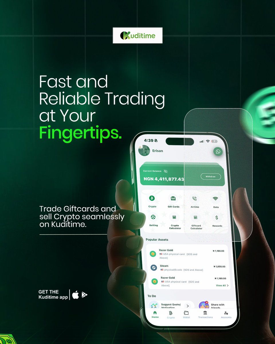 Trade crypto, sell Giftcards, and handle your bills with ease all in one app.  With KUDITIME, great rates and smooth payouts are always at your  fingertips. 💚🚀 #kuditime #giftcards #trading #cryptotradingplatform  #Coins #