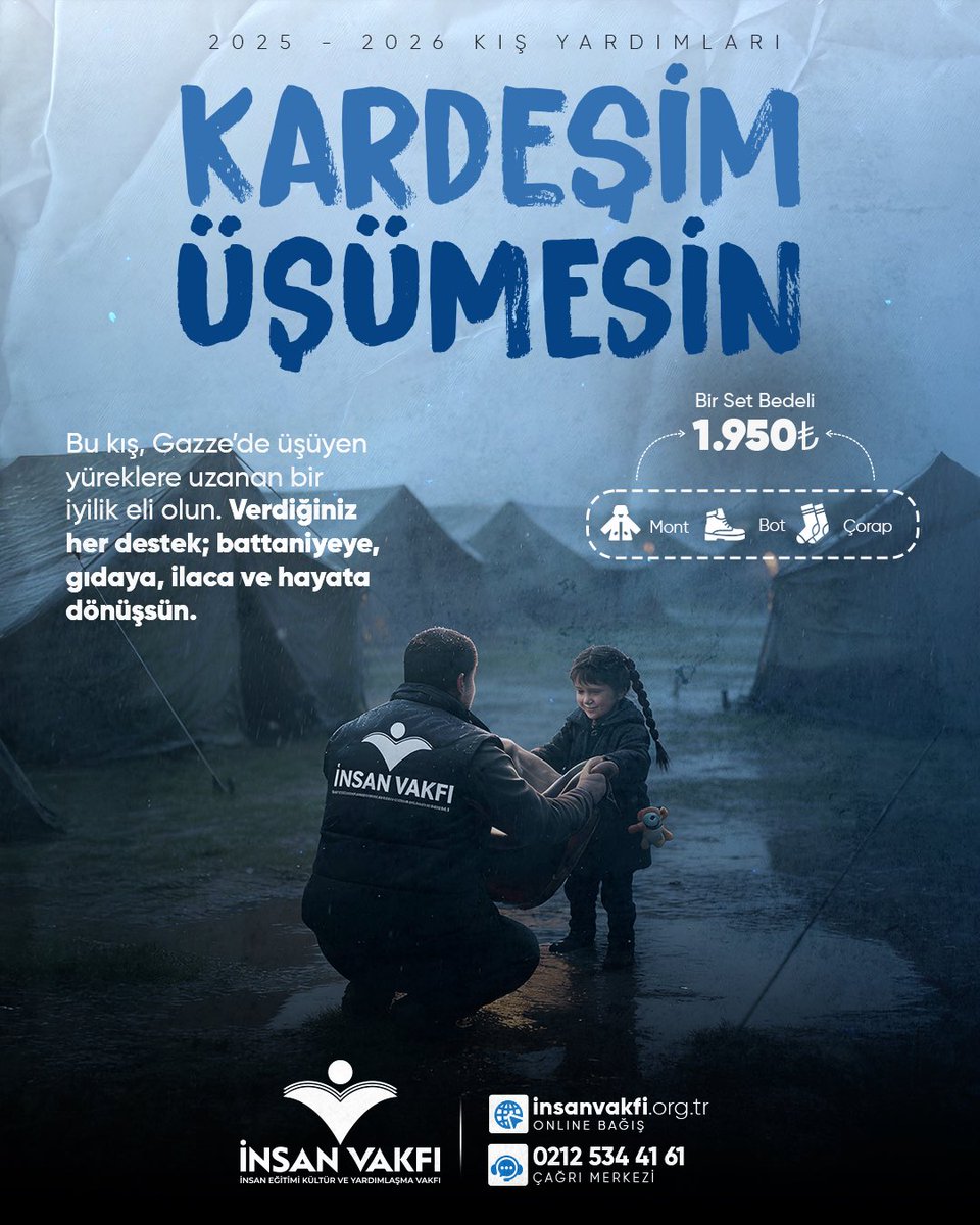 📌Kardeşim Üşümesin!

❗️Bu kış, Gazze’de hayatta kalma mücadelesi veren insanları unutmayalım!

Soğuğa, yokluklara ve yaşanılan zulme karşı yardımlaşıp, birlikte yol alalım. 🕊️