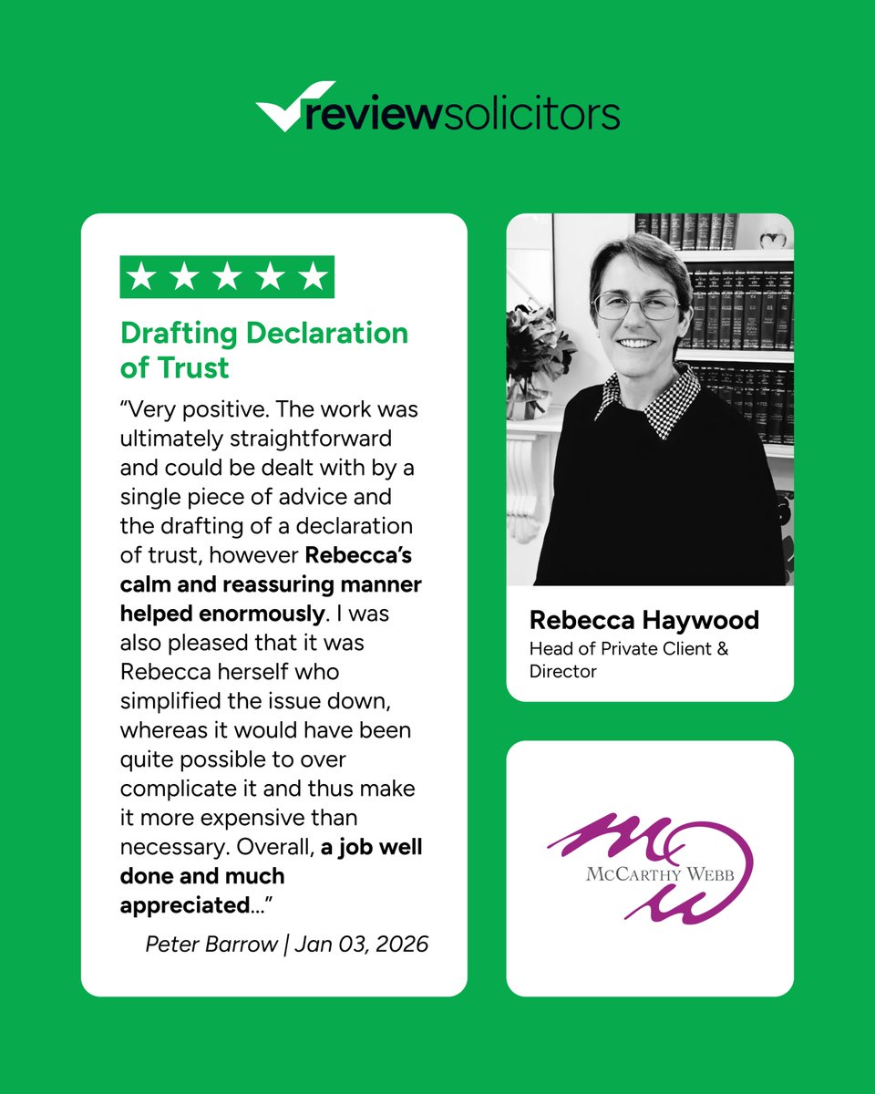 ReviewSolicitor's tweet photo. 🌟 Starting the New Year with a 5-star review!

Going through legal matters can be daunting, but Rebecca Haywood at @McCarthyWebbSol made the process much easier. Her calm and reassuring manner was a huge support to the client while drafting a Declaration of Trust. 👏

#legal https://t.co/dZySE6DTkE
